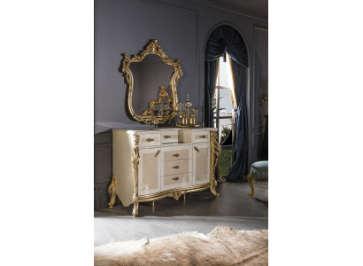 Set de dormitorio beige, cómoda elegante con diseño moderno de lujo, espejo nuevo de 2 piezas.