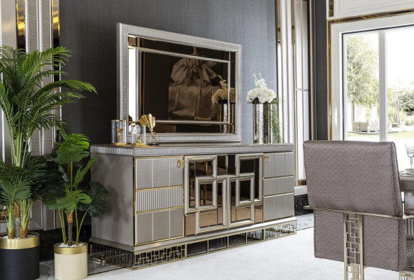 Comedor conjunto gris buffet espejo lujo hermoso diseño elegante nuevo 2 piezas.