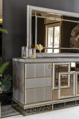 Comedor conjunto gris buffet espejo lujo hermoso diseño elegante nuevo 2 piezas.