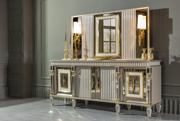 Conjunto de comedor blanco Aparador Espejo Diseño elegante Metal Lujo Nuevo 2 piezas.