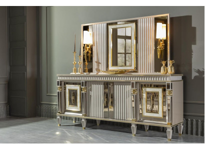 Conjunto de comedor blanco Aparador Espejo Diseño elegante Metal Lujo Nuevo 2 piezas.