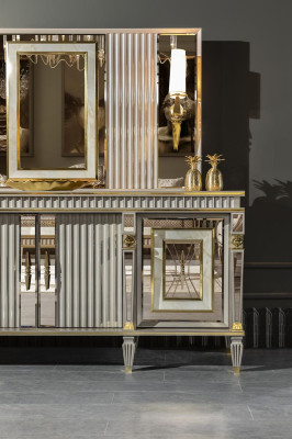 Conjunto de comedor blanco Aparador Espejo Diseño elegante Metal Lujo Nuevo 2 piezas.