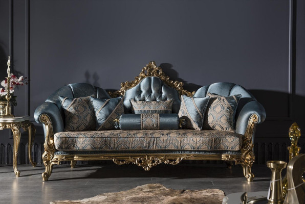 Sofá de 3 plazas Azul Sofá tapizado Sala de estar Diseño elegante Clásico Lujo Nuevo