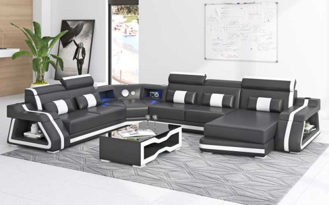 Sofá de esquina moderno, conjunto de salón en forma de U, gran sofá de cuero marrón.