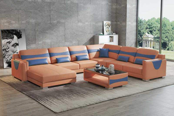 Sofá en forma de U para sala de estar, sofá grande de esquina, sofá de cuero gris nuevo de imitación de cuero.