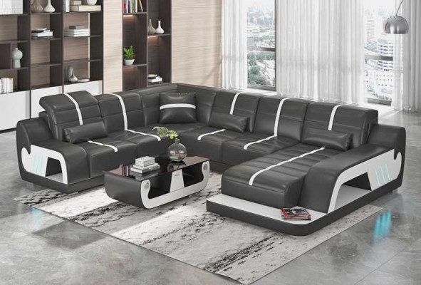 Sofá de esquina en forma de U de diseño de sofá de estilo de vida moderno en cuero artificial blanco.