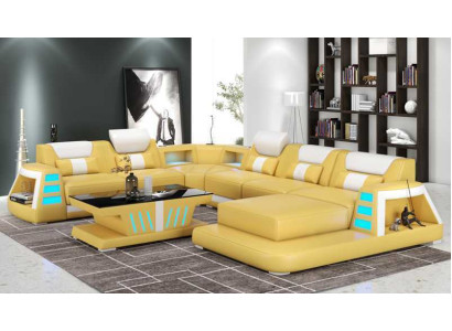 Sofá contemporáneo en forma de U amarillo para salón de cuero.