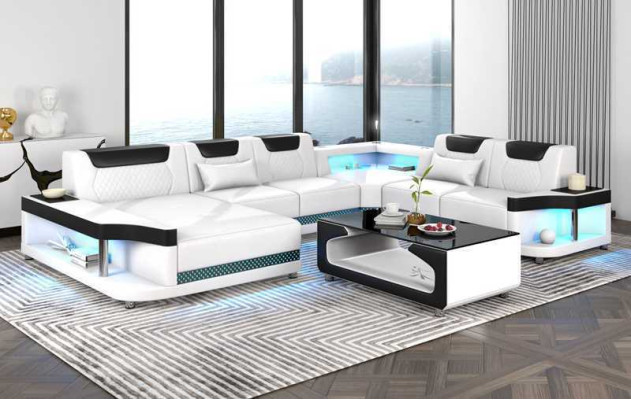 Gran sofá de salón con iluminación LED en forma de U XXL, sofá esquinero de cuero negro.