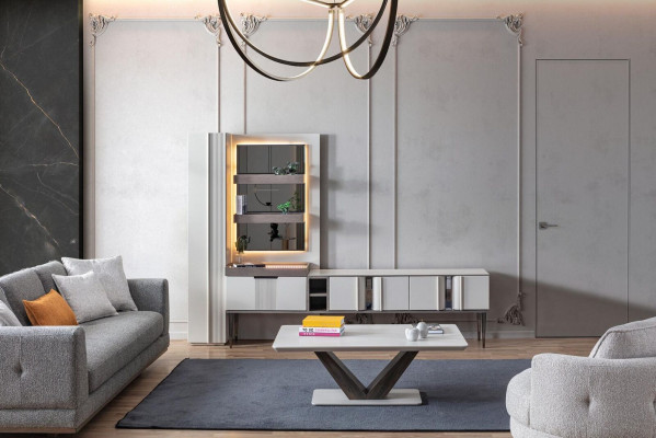 Mueble de pared exclusivo color blanco, muebles de diseño para sala de estar con iluminación LED.