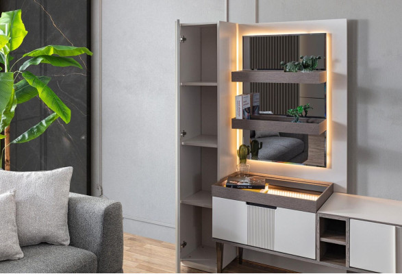 Mueble de pared exclusivo color blanco, muebles de diseño para sala de estar con iluminación LED.