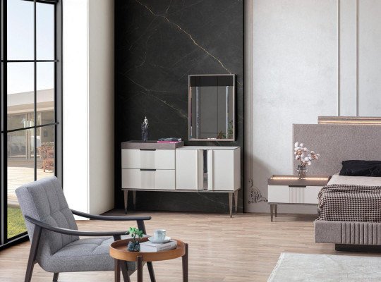 Diseño de dormitorio 5 piezas. Conjunto de dormitorio cama mesita de noche tocador