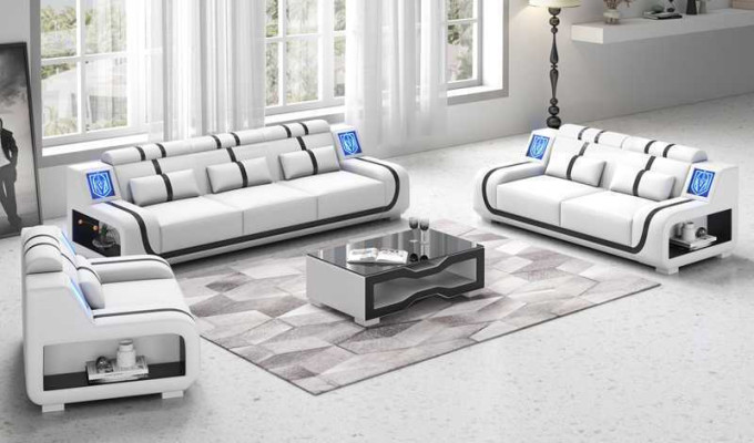 Conjunto completo de sofás de cuero para sala de estar, juego de sofás marrón de 3 piezas.