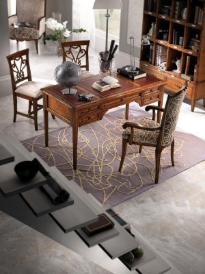 Escritorio y silla de madera con apoyabrazos. Estantería de libros. Mobiliario de oficina. Diseño de 4 piezas.
