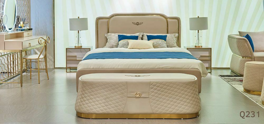 Cama Mesita de noche Cómoda 4 piezas Conjunto de dormitorio Diseño Moderno Lujo