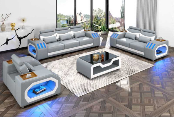 Conjunto de sofás de dos plazas de cuero negro de tres piezas con sillón y tres plazas.