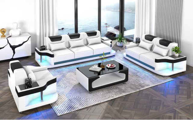 Juego de muebles de sofá de cuero negro completo de 3 piezas.