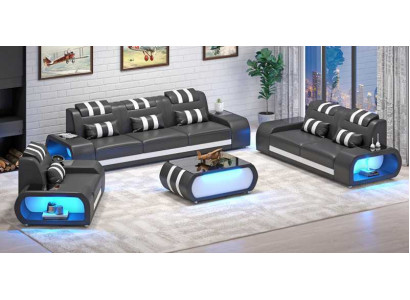 Sofá de dos plazas, sillones de cuero, sillón de tres plazas, 3 piezas, negro, conjunto