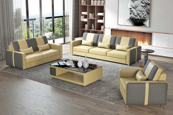 Conjunto completo de sofá de lujo gris de cuero artificial 3-2-1