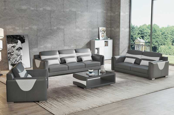Sofá de lujo Conjunto completo de sofás gris de imitación de cuero Sofá 3-2-1