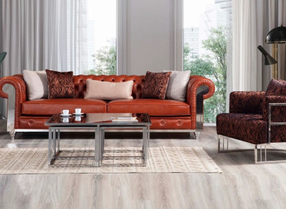  Chesterfield conjunto de muebles de cuero artificial de tres plazas marrón conjuntos de sofás sofás