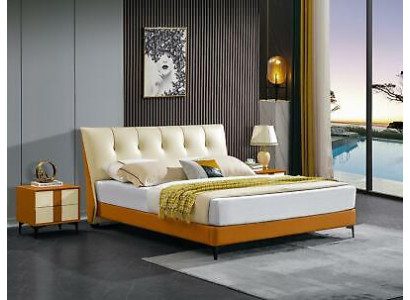 Cama de cuero de lujo con dosel doble de matrimonio, cama tapizada completa para hotel.