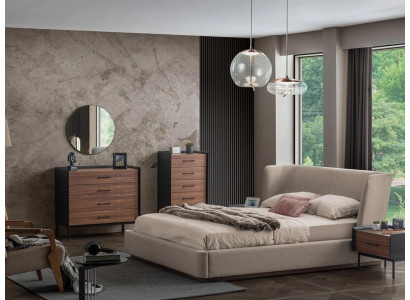 Diseño de dormitorio moderno completo de 3 piezas con 2 cómodas redondas y espejo.