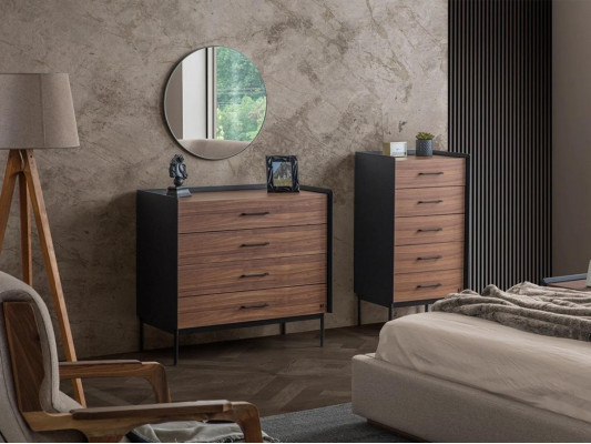 Diseño de dormitorio moderno completo de 3 piezas con 2 cómodas redondas y espejo.