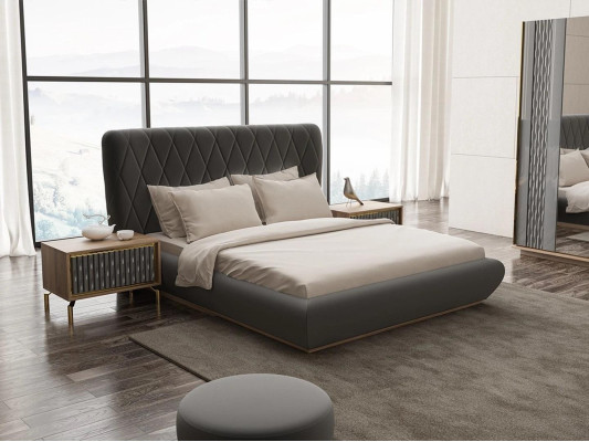 Dormitorio de lujo de 3 piezas con cama doble de diseño de madera y 2 mesillas de noche completa