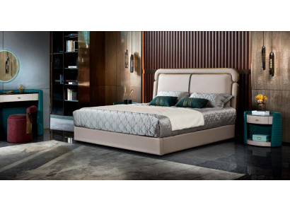 Cama 2x Mesita de noche Beige Dormitorio Diseño moderno Muebles Madera Lujo