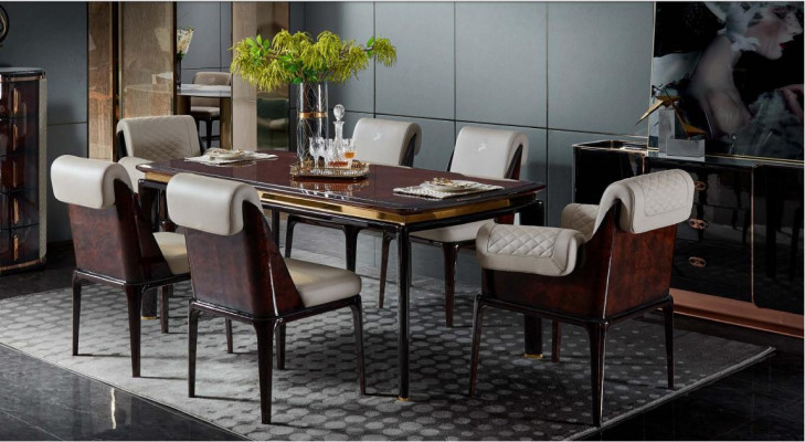 Mesa de comedor marrón, mesas de diseñador, muebles de diseño moderno, comedor de lujo.