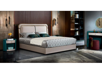 Cama dormitorio beige Cama doble Cama de cuero Diseño moderno Muebles de madera