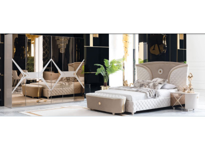 Cama Mesita de noche Armario de ropa 6 piezas Conjunto de dormitorio Diseño Lujo Taburete Moderno