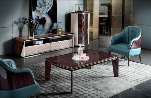 Mesa de centro, armario, cómoda, sofás de lujo, muebles de diseño de madera para salón.