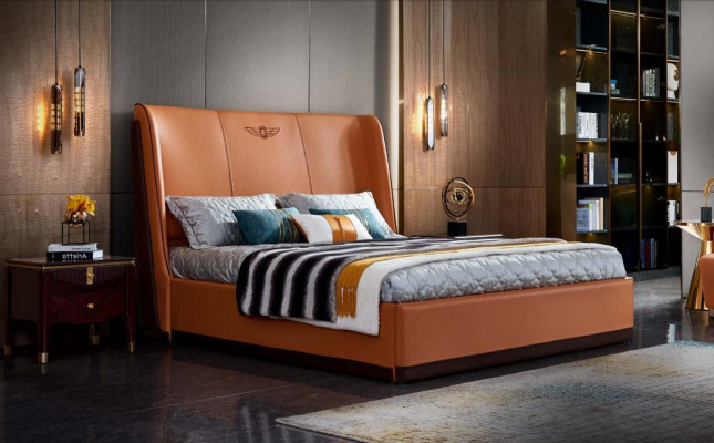 Cama 2 x mesita de noche dormitorio Naranja Creativo Moderno Muebles Madera Lujo Camas