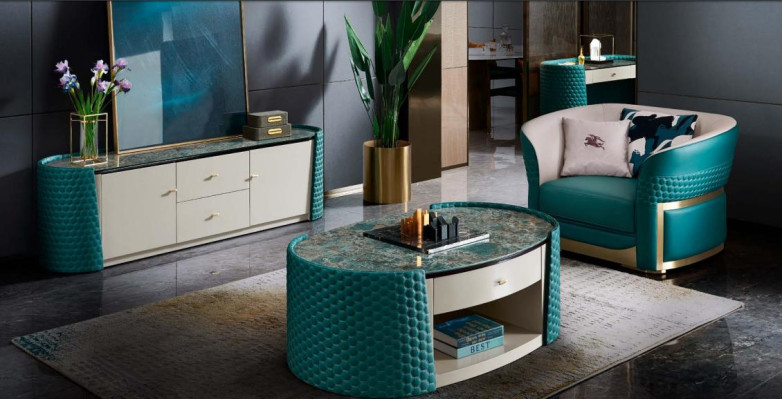 Mesa de centro, armario de madera de cuero turquesa moderno nuevo de 2 piezas. Muebles de diseño.