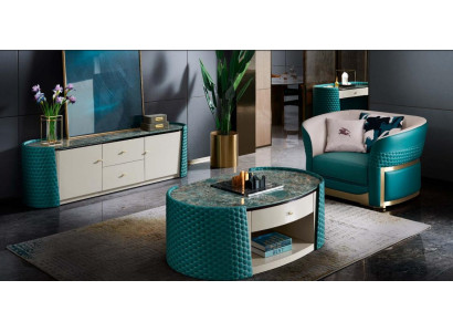Mesa de centro, armario de madera de cuero turquesa moderno nuevo de 2 piezas. Muebles de diseño.
