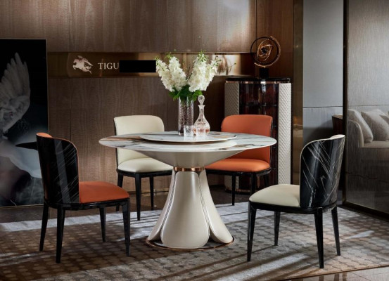 Mesa de comedor de cuero y piedra, mesas de madera de lujo de diseño moderno.