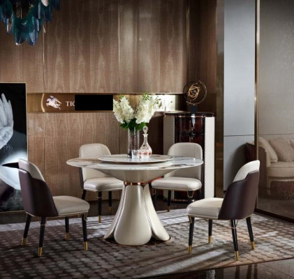 Mesa de comedor de cuero y piedra, mesas de madera de lujo de diseño moderno.