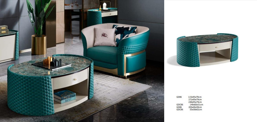 Mesa de centro, armario de madera de cuero turquesa moderno nuevo de 2 piezas. Muebles de diseño.