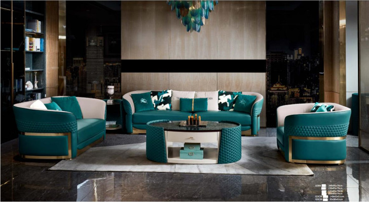 Mesa de centro, armario de madera de cuero turquesa moderno nuevo de 2 piezas. Muebles de diseño.