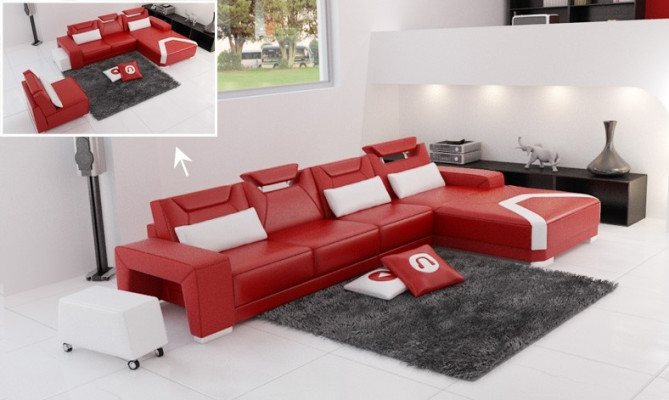 Sofá de diseñador, sofá esquinero con taburete, juego de tapizado de salón en forma de L.
