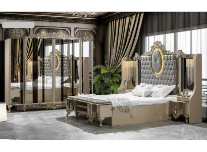 Set de dormitorio de lujo con cama doble clásica en beige, juego de 5 piezas. Nuevo.