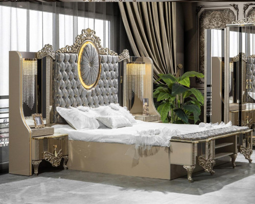 Set de dormitorio de lujo con cama doble clásica en beige, juego de 5 piezas. Nuevo.
