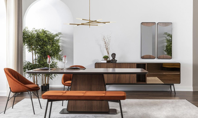 Rincón de comedor, grupo de comedor, comedor, mesa de comedor, sillas, banco, 8 piezas, marrón, naranja.