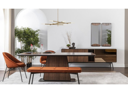 Rincón de comedor, grupo de comedor, comedor, mesa de comedor, sillas, banco, 8 piezas, marrón, naranja.
