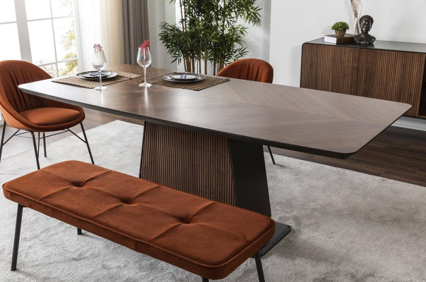 Rincón de comedor, grupo de comedor, comedor, mesa de comedor, sillas, banco, 8 piezas, marrón, naranja.
