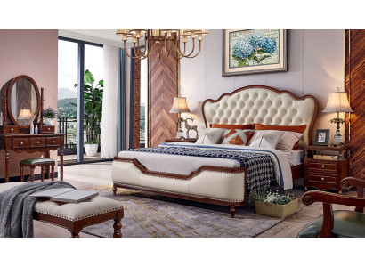 Cama 2x Mesitas de noche Tocador Banco Dormitorio Lujo Madera Juego de 6 piezas