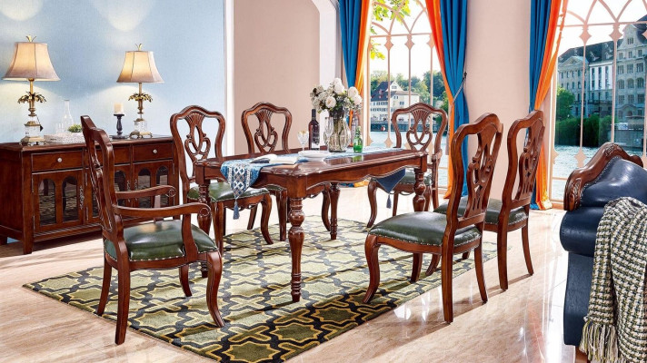 Juego completo de mesa de comedor + 6 sillas Conjunto de comedor Grupo de esencias Mesa de madera Mesas de 7 piezas.