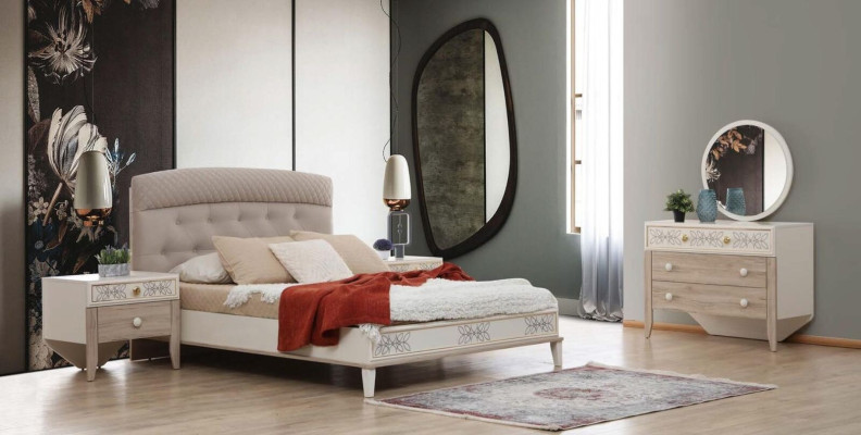Set de tocador con espejo moderno de madera para dormitorio.