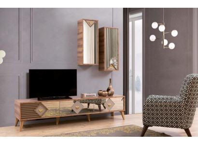 Increíble mesa de madera con inserciones de espejo para la televisión